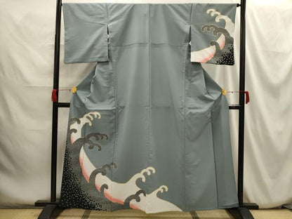平和屋着物▽訪問着　単衣　立波文　暈し染め　金彩　洗える着物　AABH6156sx