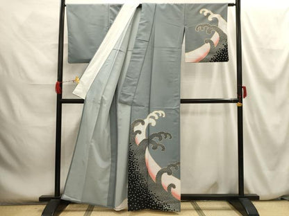 平和屋着物▽訪問着　単衣　立波文　暈し染め　金彩　洗える着物　AABH6156sx