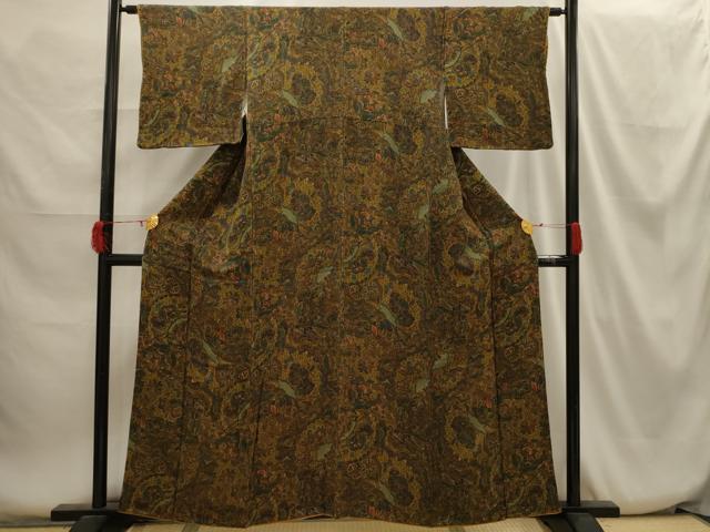 平和屋着物■上質な小紋　草花文　鬼しぼ縮緬　正絹　逸品　AABH6162sx
