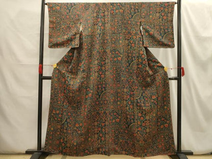 平和屋着物■上質な小紋　更紗花文　鬼しぼ縮緬　正絹　逸品　AABH6189sx