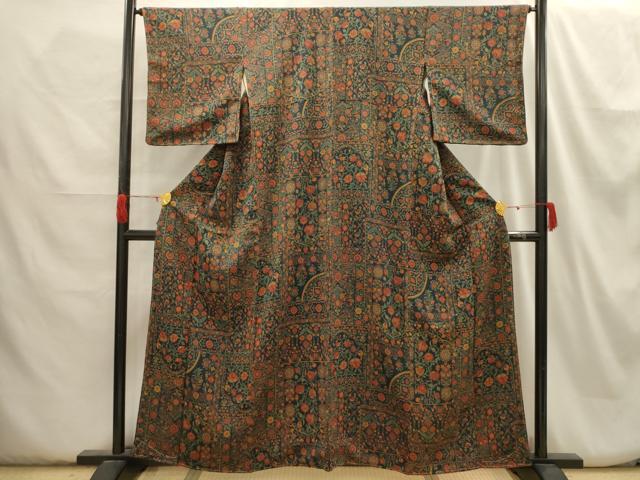 平和屋着物■上質な小紋　更紗花文　鬼しぼ縮緬　正絹　逸品　AABH6189sx