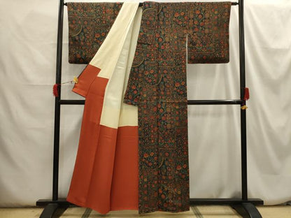 平和屋着物■上質な小紋　更紗花文　鬼しぼ縮緬　正絹　逸品　AABH6189sx