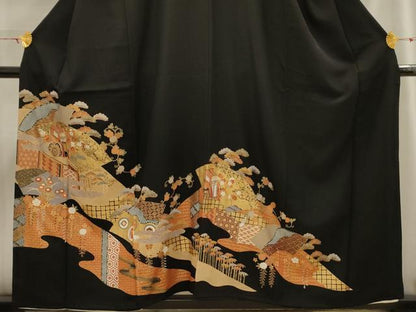 平和屋着物■豪華黒留袖　駒刺繍　松竹梅御所車風景文　金彩　正絹　逸品　AABH6205sx