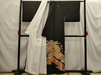 平和屋着物■豪華黒留袖　駒刺繍　松竹梅御所車風景文　金彩　正絹　逸品　AABH6205sx