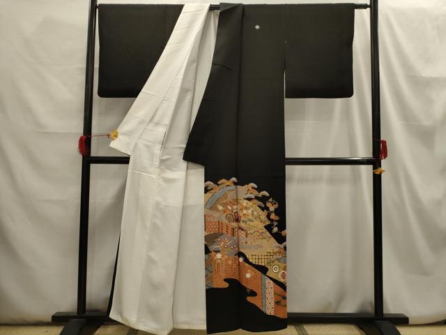 平和屋着物■豪華黒留袖　駒刺繍　松竹梅御所車風景文　金彩　正絹　逸品　AABH6205sx