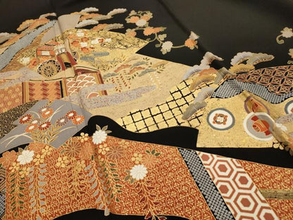 平和屋着物■豪華黒留袖　駒刺繍　松竹梅御所車風景文　金彩　正絹　逸品　AABH6205sx