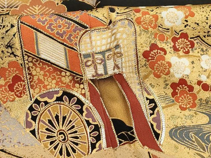平和屋着物■豪華黒留袖　駒刺繍　松竹梅御所車風景文　金彩　正絹　逸品　AABH6205sx