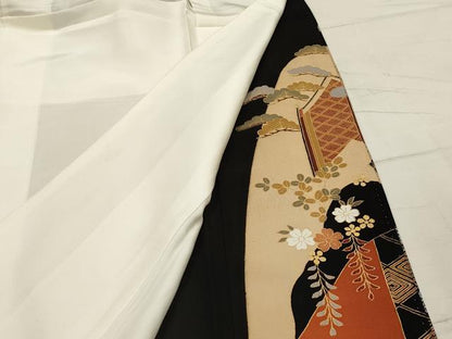 平和屋着物■豪華黒留袖　駒刺繍　松竹梅御所車風景文　金彩　正絹　逸品　AABH6205sx