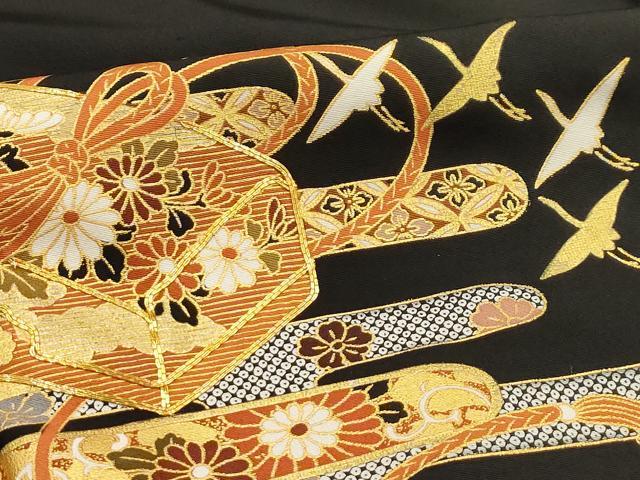 平和屋着物■豪華黒留袖　駒刺繍　飛鶴花文箱文　金彩　正絹　逸品　AABH6206sx