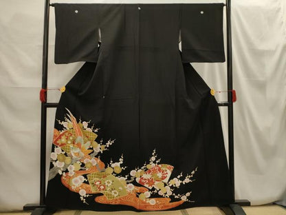 平和屋着物■豪華黒留袖 刺繍 流水地紙花鳥文 金彩 金銀糸 正絹 逸品 AABH6208sx