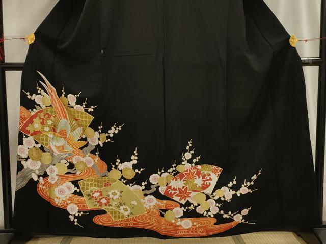 平和屋着物■豪華黒留袖 刺繍 流水地紙花鳥文 金彩 金銀糸 正絹 逸品 AABH6208sx