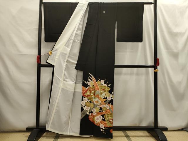 平和屋着物■豪華黒留袖 刺繍 流水地紙花鳥文 金彩 金銀糸 正絹 逸品 AABH6208sx