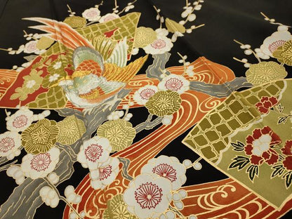 平和屋着物■豪華黒留袖 刺繍 流水地紙花鳥文 金彩 金銀糸 正絹 逸品 AABH6208sx