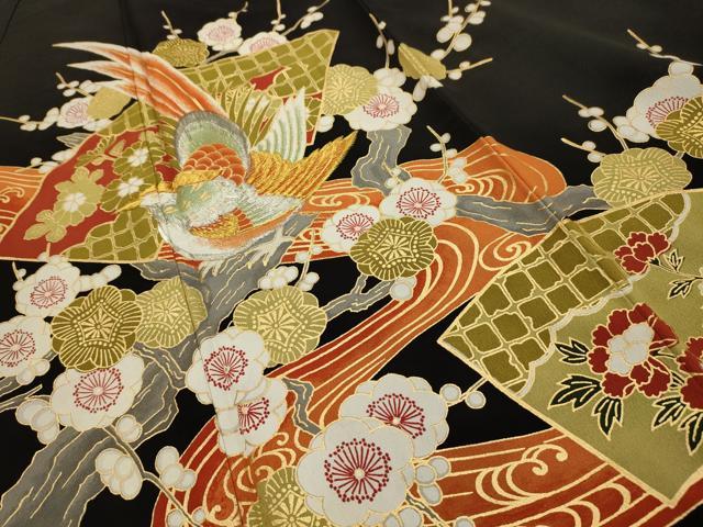 平和屋着物■豪華黒留袖 刺繍 流水地紙花鳥文 金彩 金銀糸 正絹 逸品 AABH6208sx