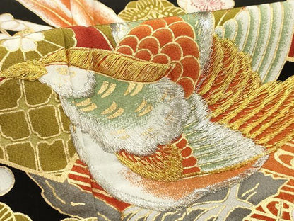 平和屋着物■豪華黒留袖 刺繍 流水地紙花鳥文 金彩 金銀糸 正絹 逸品 AABH6208sx
