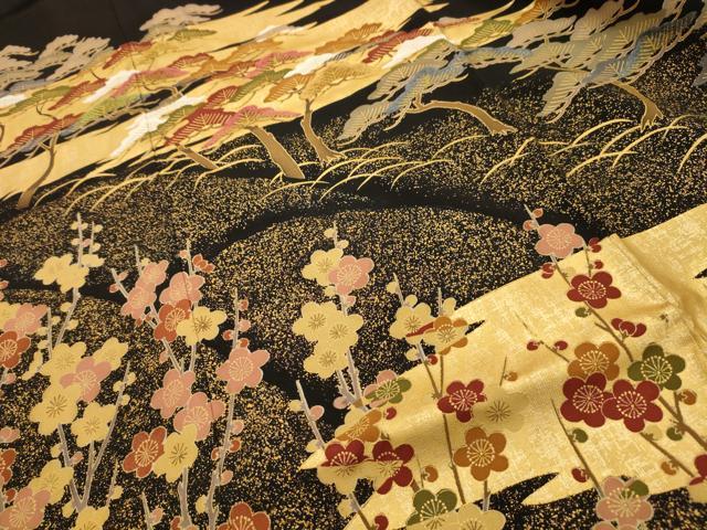 平和屋着物■豪華黒留袖　刺繍　梅松文　金糸　金彩　正絹　逸品　AABH6209sx