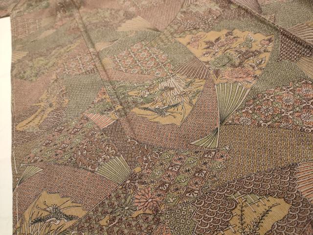 平和屋着物■上質な小紋 扇面花鳥舞蝶文 正絹 逸品 AABH6215sx