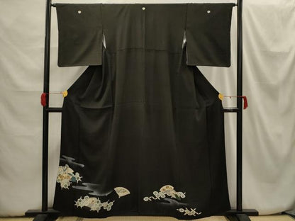 平和屋着物■豪華黒留袖 刺繍 扇面吉祥花文 金糸 金彩 洗える着物 AABH6220sx