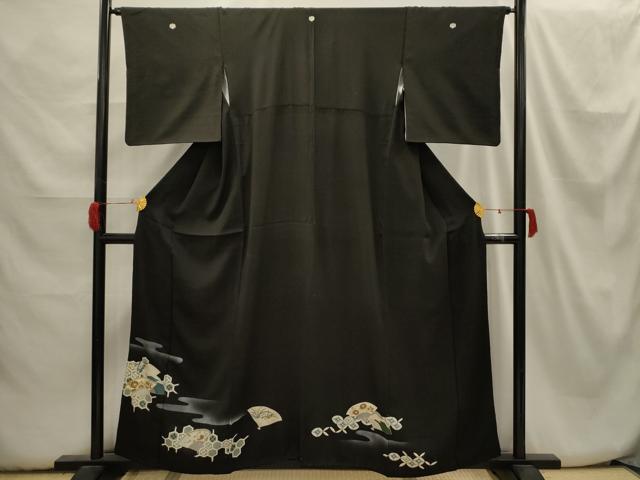 平和屋着物■豪華黒留袖 刺繍 扇面吉祥花文 金糸 金彩 洗える着物 AABH6220sx