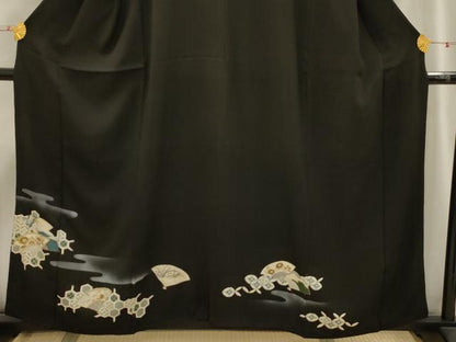 平和屋着物■豪華黒留袖 刺繍 扇面吉祥花文 金糸 金彩 洗える着物 AABH6220sx