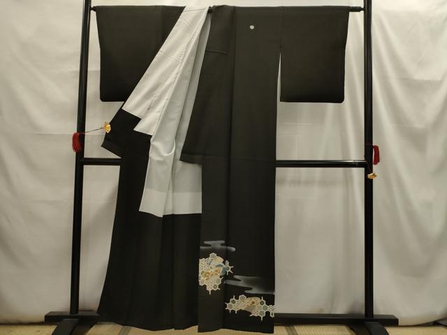 平和屋着物■豪華黒留袖 刺繍 扇面吉祥花文 金糸 金彩 洗える着物 AABH6220sx