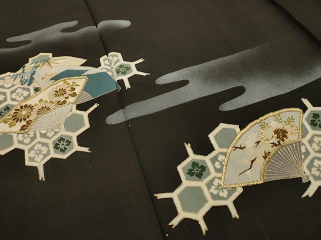 平和屋着物■豪華黒留袖 刺繍 扇面吉祥花文 金糸 金彩 洗える着物 AABH6220sx