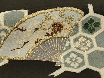 平和屋着物■豪華黒留袖 刺繍 扇面吉祥花文 金糸 金彩 洗える着物 AABH6220sx
