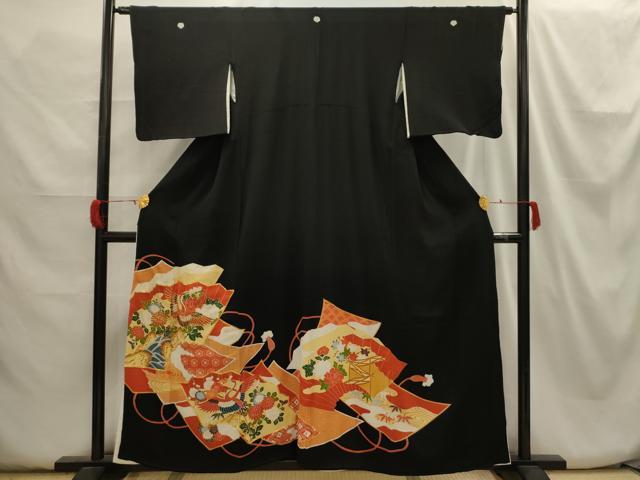 平和屋着物■豪華黒留袖 駒刺繍 飛鶴花文 金彩 正絹 逸品 AABH6233sx