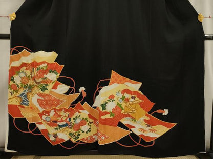 平和屋着物■豪華黒留袖 駒刺繍 飛鶴花文 金彩 正絹 逸品 AABH6233sx