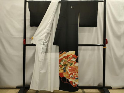 平和屋着物■豪華黒留袖 駒刺繍 飛鶴花文 金彩 正絹 逸品 AABH6233sx