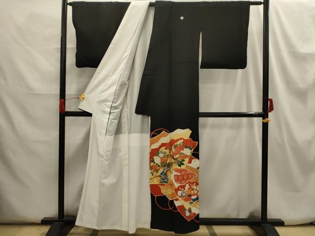 平和屋着物■豪華黒留袖 駒刺繍 飛鶴花文 金彩 正絹 逸品 AABH6233sx