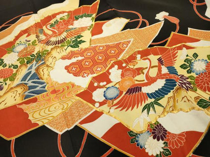 平和屋着物■豪華黒留袖 駒刺繍 飛鶴花文 金彩 正絹 逸品 AABH6233sx