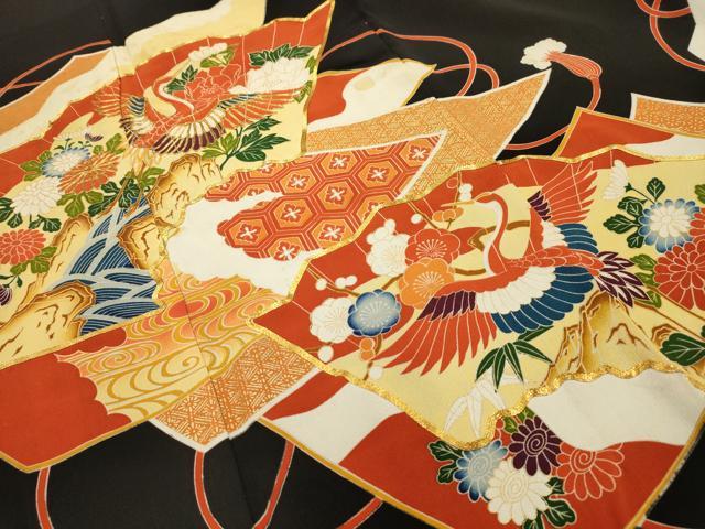 平和屋着物■豪華黒留袖 駒刺繍 飛鶴花文 金彩 正絹 逸品 AABH6233sx