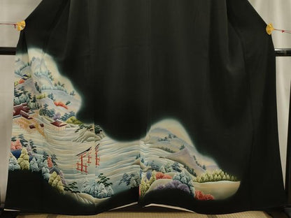 平和屋着物■豪華黒留袖 風景文 暈し染め 正絹 逸品 AABH6237sx