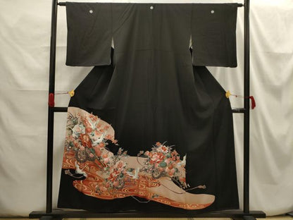 平和屋着物■豪華黒留袖　駒刺繍　流水飛鶴花車文　金彩　正絹　逸品　AABH6242sx