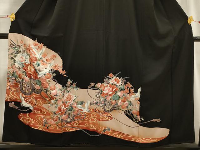 平和屋着物■豪華黒留袖　駒刺繍　流水飛鶴花車文　金彩　正絹　逸品　AABH6242sx