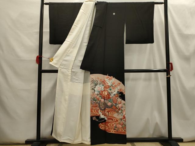平和屋着物■豪華黒留袖　駒刺繍　流水飛鶴花車文　金彩　正絹　逸品　AABH6242sx