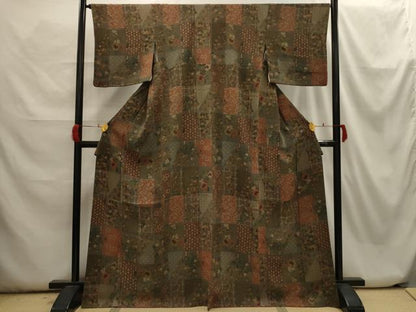 平和屋着物■上質な小紋　市松花文　鬼しぼ縮緬　正絹　逸品　AABH6258sx