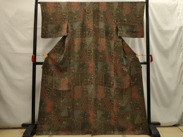 平和屋着物■上質な小紋　市松花文　鬼しぼ縮緬　正絹　逸品　AABH6258sx