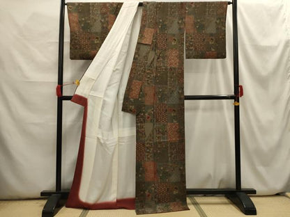 平和屋着物■上質な小紋　市松花文　鬼しぼ縮緬　正絹　逸品　AABH6258sx