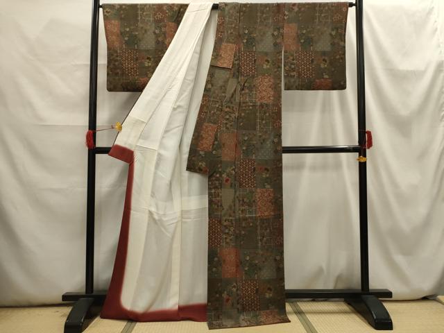平和屋着物■上質な小紋　市松花文　鬼しぼ縮緬　正絹　逸品　AABH6258sx