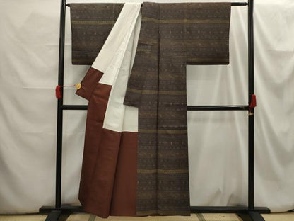 平和屋着物■上質な小紋　紬地　横段花鳥文　正絹　逸品　AABH6269sx