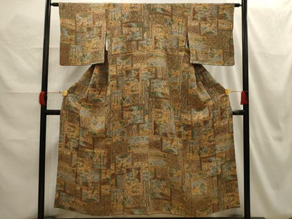 平和屋着物■上質な小紋　色紙重ね風景文　鬼しぼ縮緬　正絹　逸品　AABH6300sx