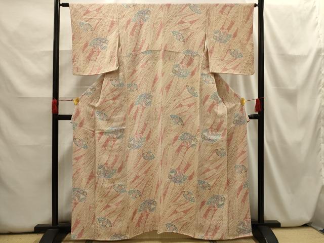 平和屋着物■上質な小紋 扇面吉祥花文 鬼しぼ縮緬 正絹 逸品 AABH6309sx
