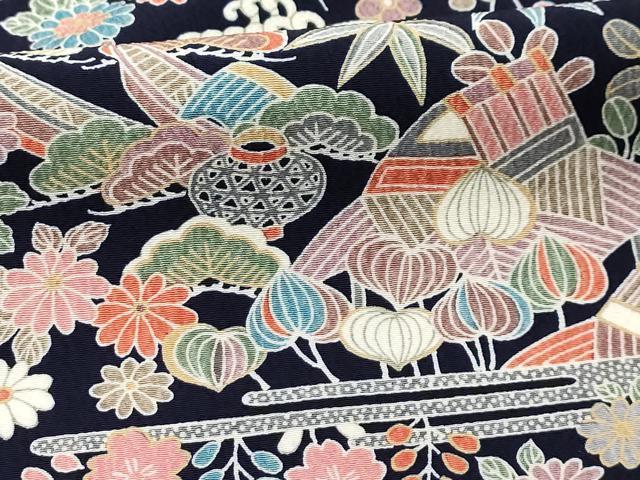 平和屋着物▽上質な小紋　単衣　手描き　松竹梅　風景文　正絹　逸品　BAAT1146hv 平和屋着物▽上質な小紋 単衣 型染め 風景花文 鬼しぼ縮緬 やまと誂製