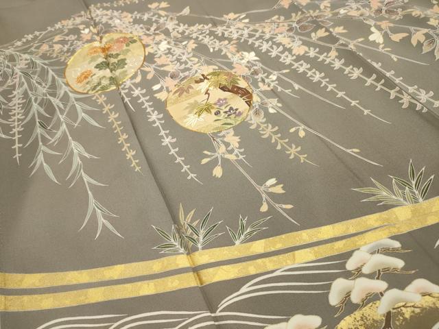 平和屋着物■豪華色留袖　駒刺繍　流水飛鶴花丸文　金彩　正絹　逸品　AABH6332sx