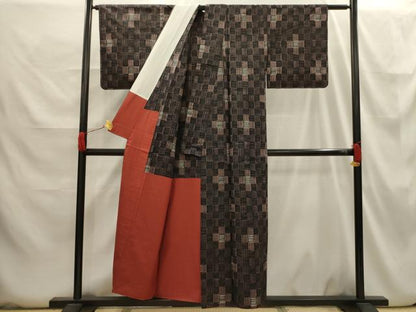 平和屋着物■上質な紬　網代文様　胴抜き仕立て　正絹　逸品　AABH6337sx