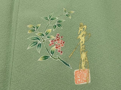 平和屋着物■上質な色無地　作家物　山葵色　正絹　逸品　AABH6346sx