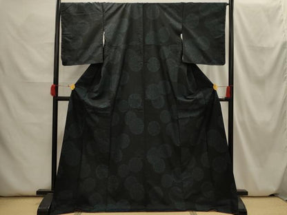 平和屋着物■上質な紬　源氏車文　黒地　ロング丈　正絹　逸品　AABH6358sx