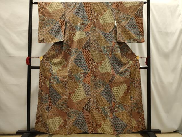 平和屋着物■上質な小紋　裂取花文　鬼しぼ縮緬　正絹　逸品　AABH6388sx